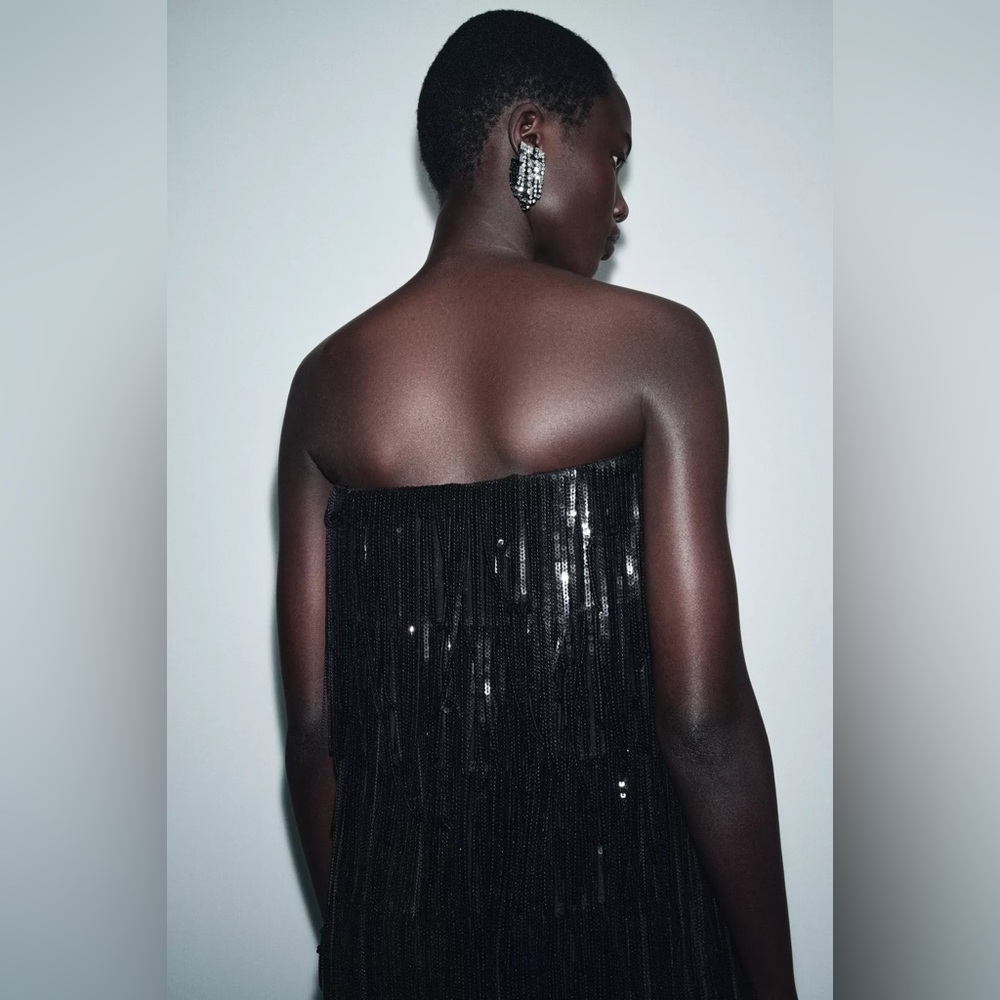 Zara Limited Edition SEQUIN FRINGE Black Midi DRESS sz.XS - Picture 4 of 15